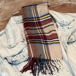 PLUM FEATHERS Preppy Plaid Scarf Soft Cozy Oatmeal Cranberry NWOT